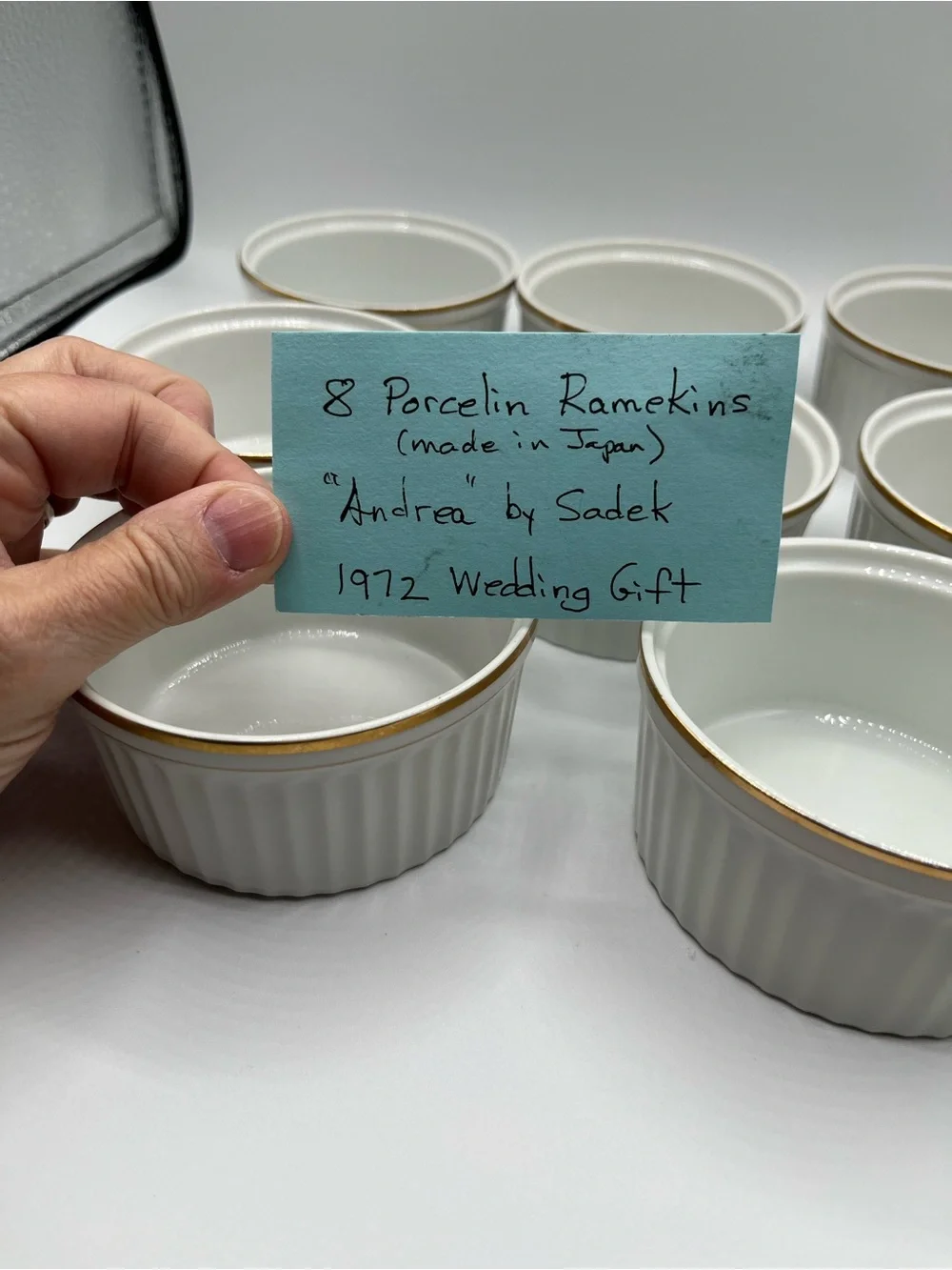 Vintage White Porcelain Ramekin with Gold Rim - Set of 8